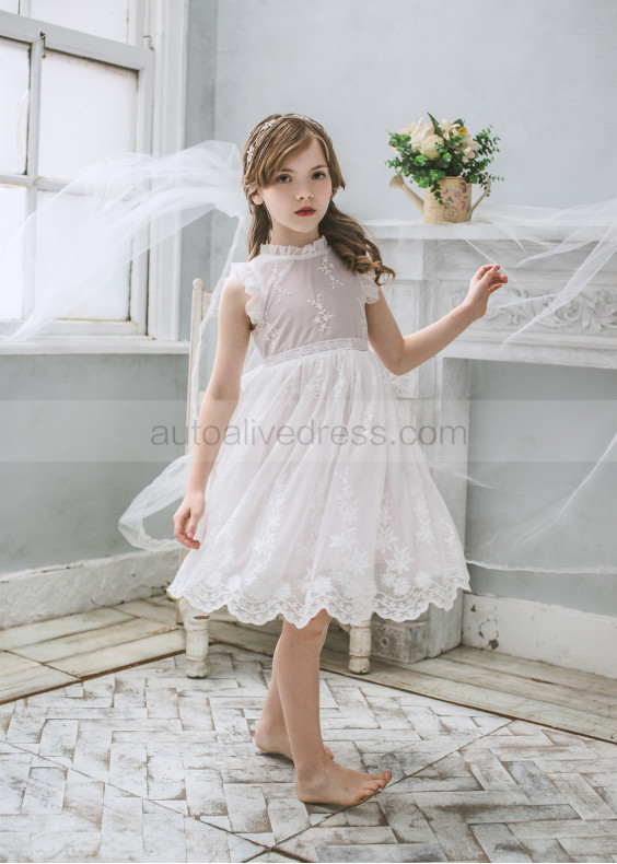 Chic Ivory Floral Lace Tulle Flower Girl Dress
